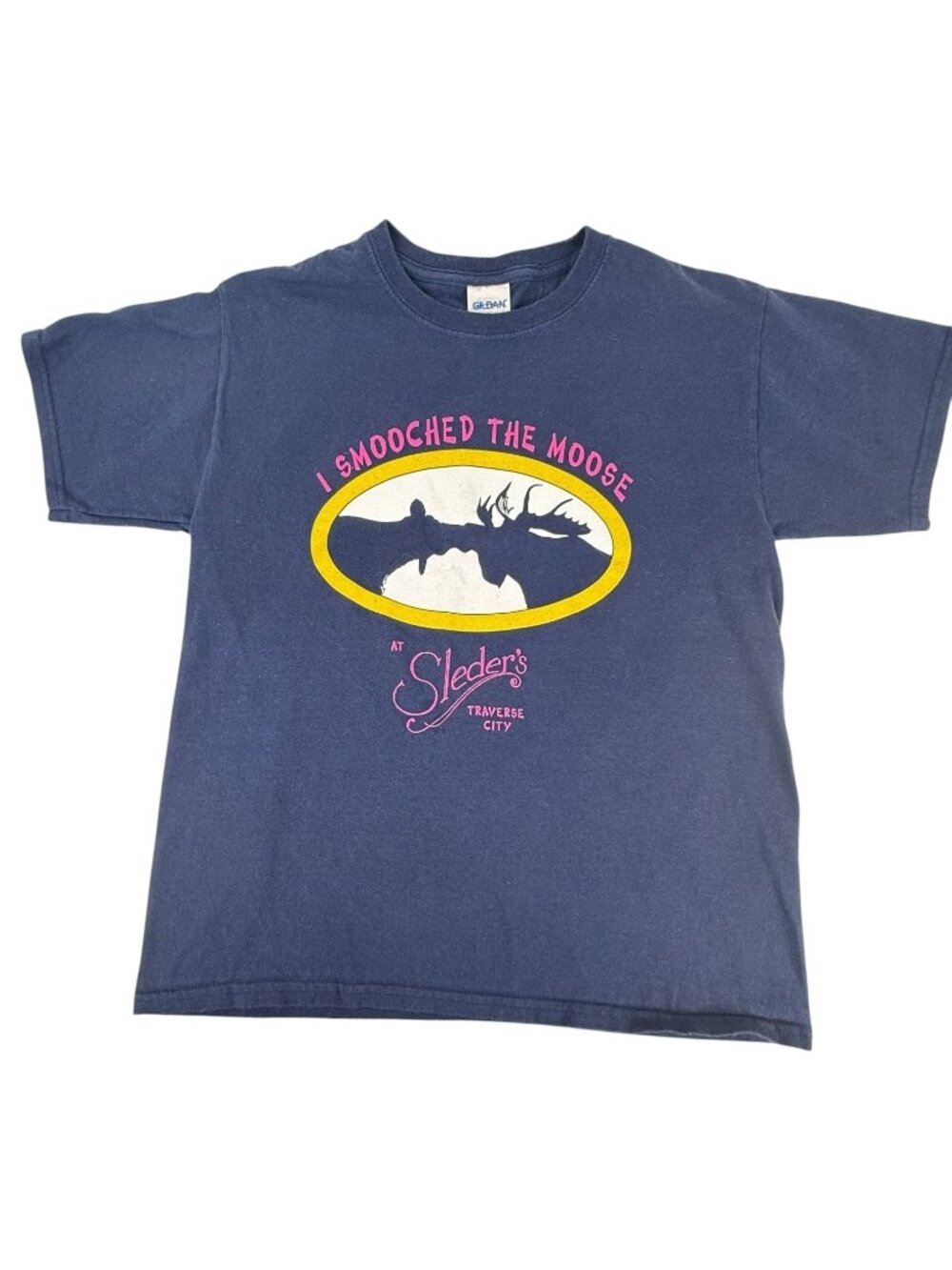 Traverse City MI I Smooched The Moose T-Shirt Sleders‎ Youth Large Cotton Blue